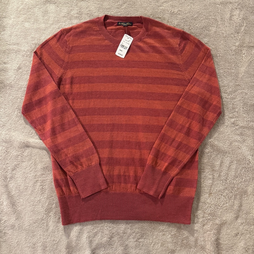 NWT Brooks Brothers Red Orange Striped Lightweght Crewneck Sweater Linen Flax